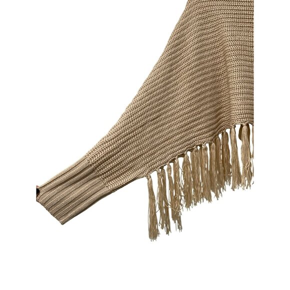 525 America Fringed Tan Knit Poncho Sweater One Size - Picture 3 of 5